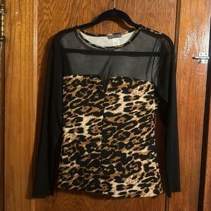 Leopard print/black mesh blouse.